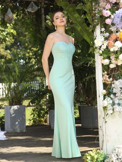 Long Sleeveless Lace Appliques Mermaid Evening Dress - YESBABYONLINE