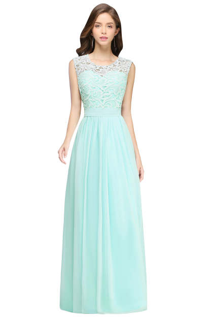 Long A line Crew Neck Floor Length Floral Lace Chiffon Wedding Guest Dress - YESBABYONLINE