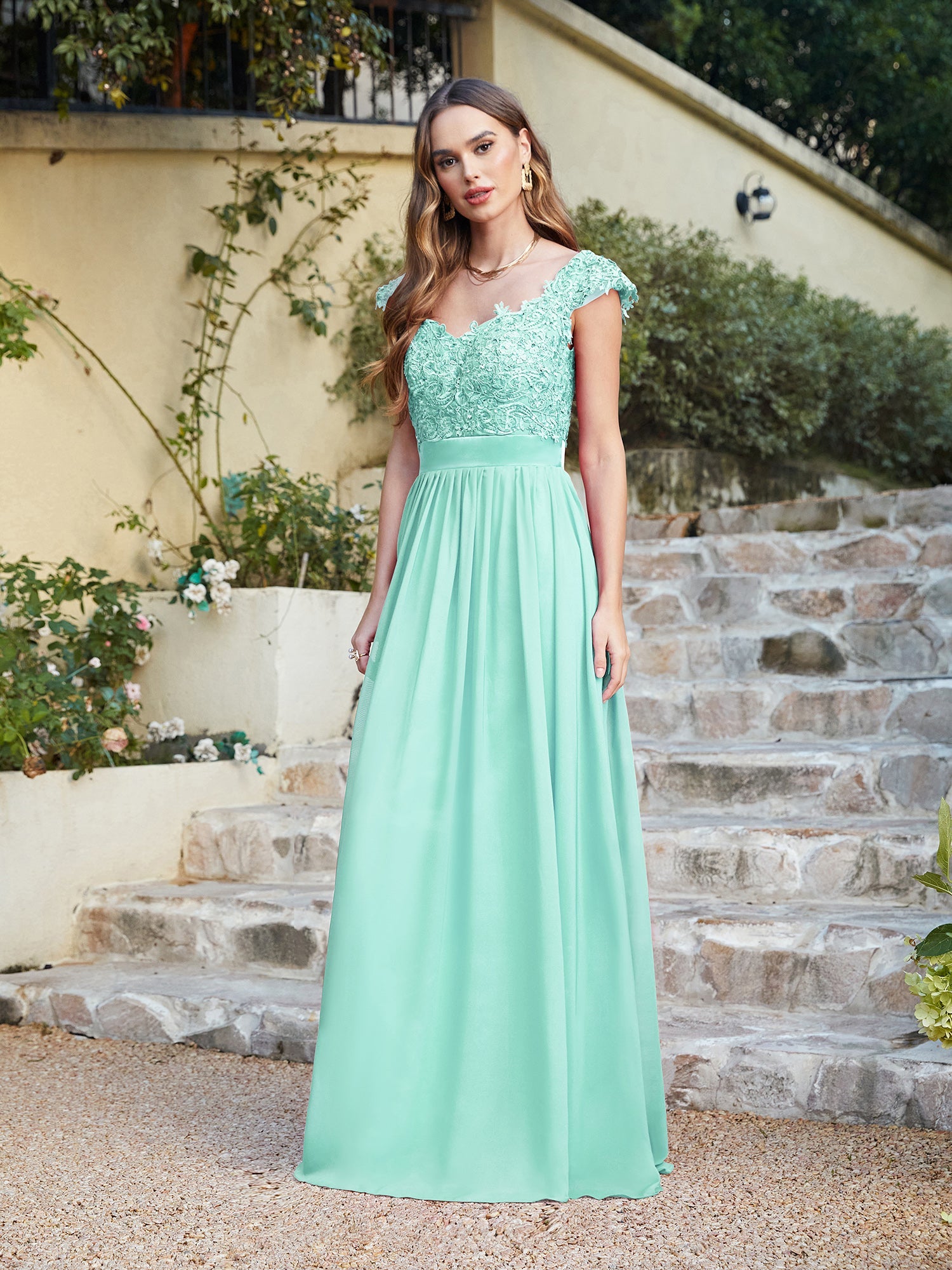 Long A line Scoop Neck Chiffon Floor Length Dress Lace Bridesmaid Dress - YESBABYONLINE