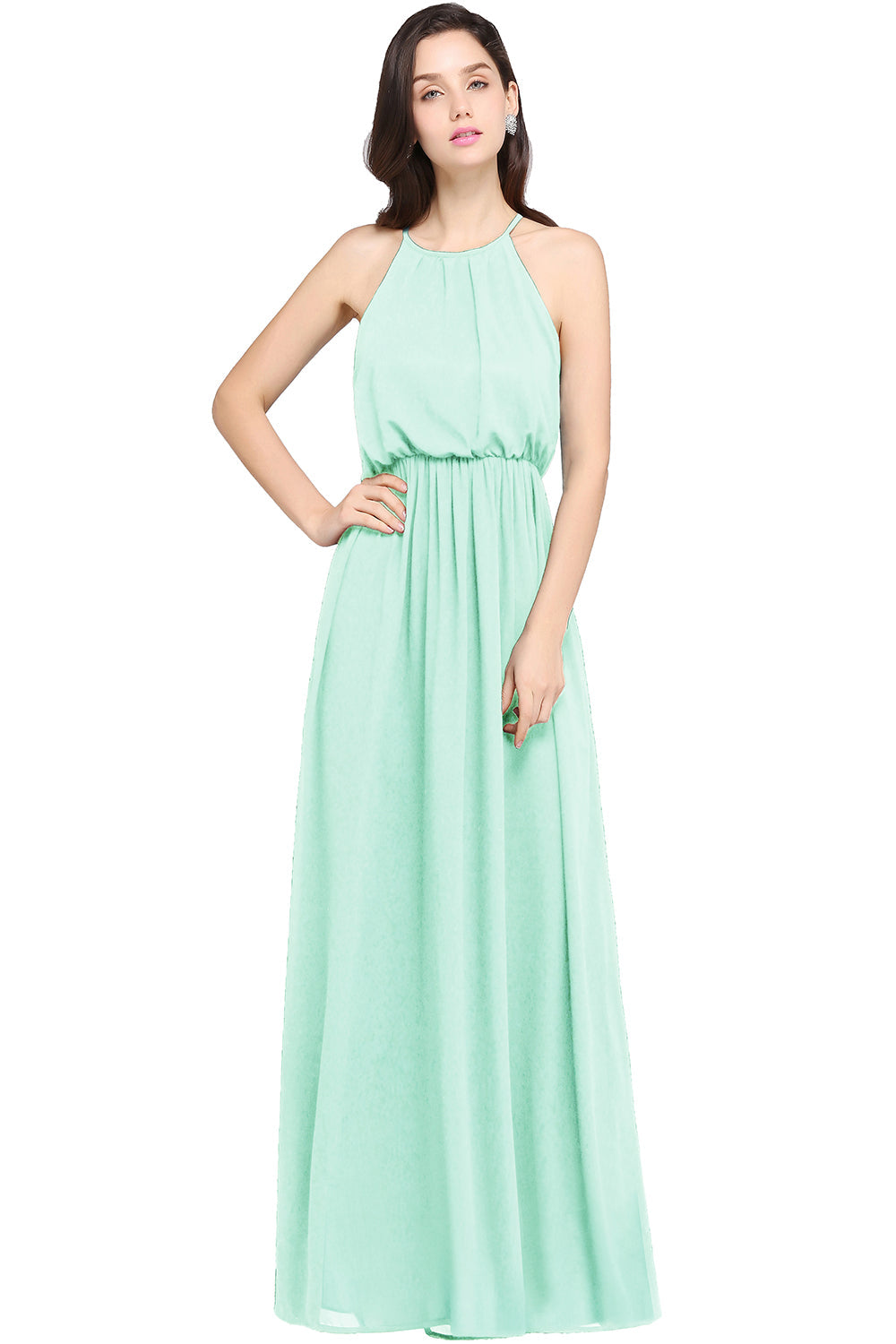 Casual Long Halter Chiffon Floor Length A Line Bridesmaid Dress - YESBABYONLINE