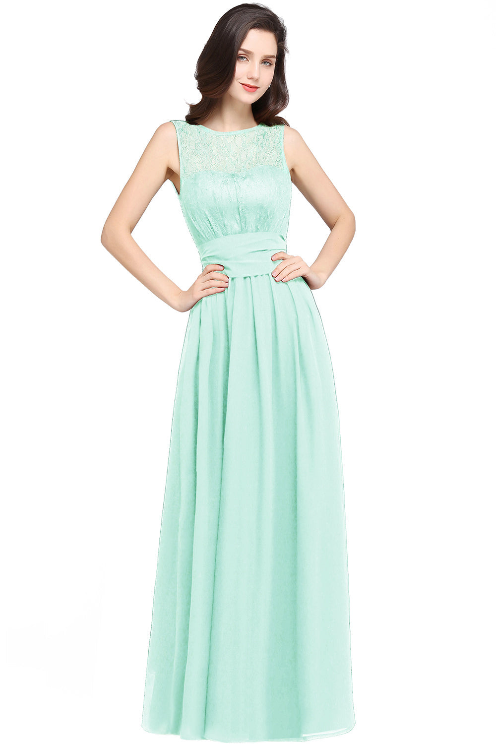 Long Off The Shoulder Round Neck Chiffon Bridesmaid Dress with Floral Lace and Ruffle - YESBABYONLINE