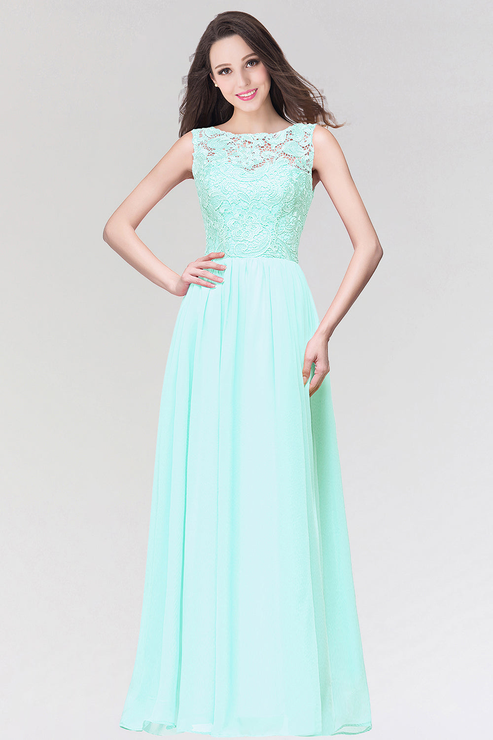 Long Chiffon Lace Sleeveless A Line Ruched Bridesmaid Dress - YESBABYONLINE