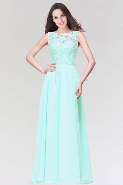 Long Chiffon Lace Sleeveless A Line Ruched Bridesmaid Dress - YESBABYONLINE