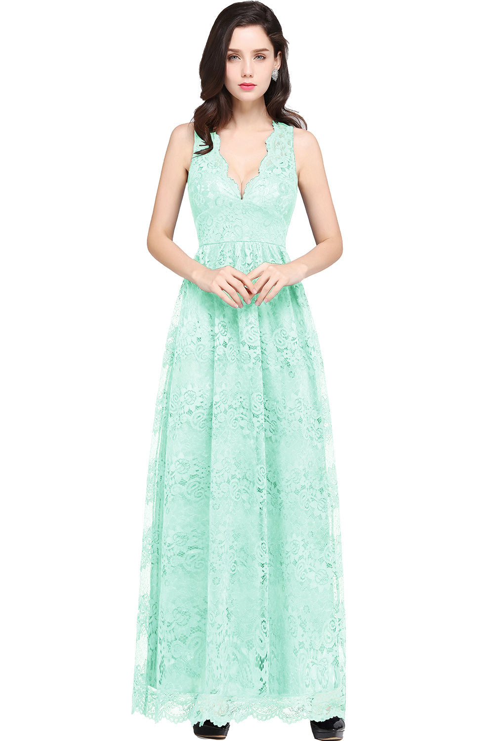 Long A Line Lace V Neck Sleveless Floor Length Evening Dress - YESBABYONLINE