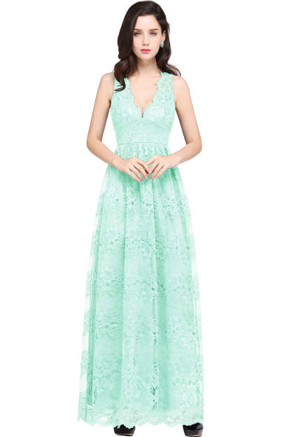 Long A Line Lace V Neck Sleveless Floor Length Evening Dress - YESBABYONLINE