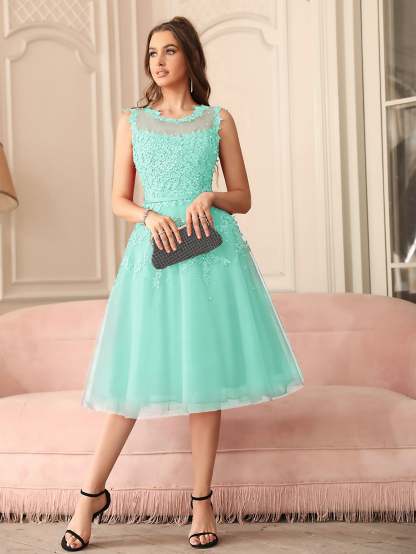 Short A Line Sleeveless Crew Neck Tulle Lace Formal Dress - YESBABYONLINE