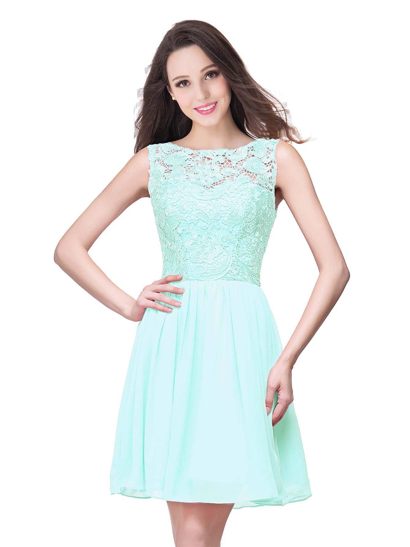 Short A line Lace Sleeveless Chiffon Homecoming Dress - YESBABYONLINE
