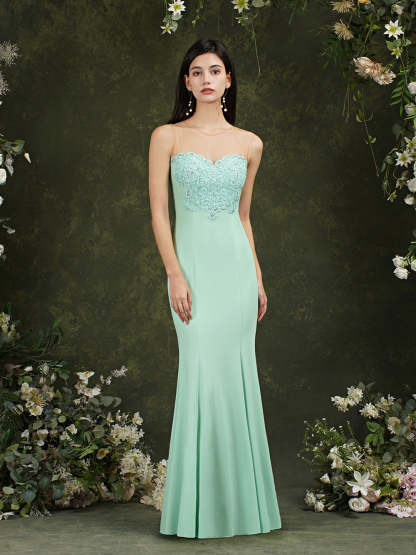 Long Sleeveless Lace Appliques Mermaid Evening Dress - YESBABYONLINE