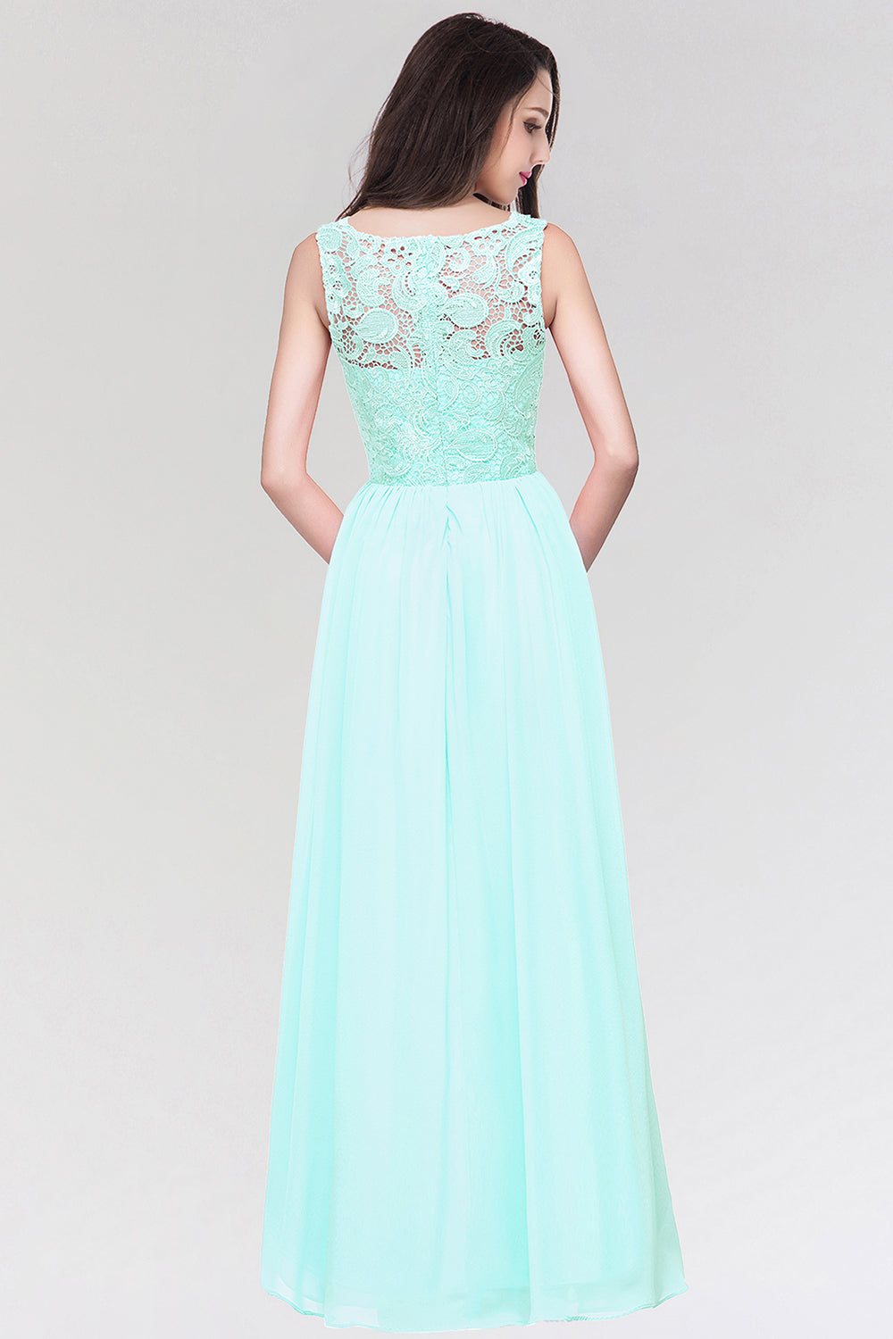 Long Chiffon Lace Sleeveless A Line Ruched Bridesmaid Dress - YESBABYONLINE