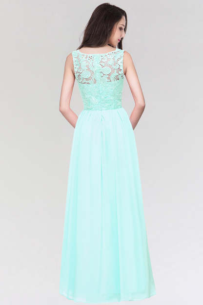 Long Chiffon Lace Sleeveless A Line Ruched Bridesmaid Dress - YESBABYONLINE