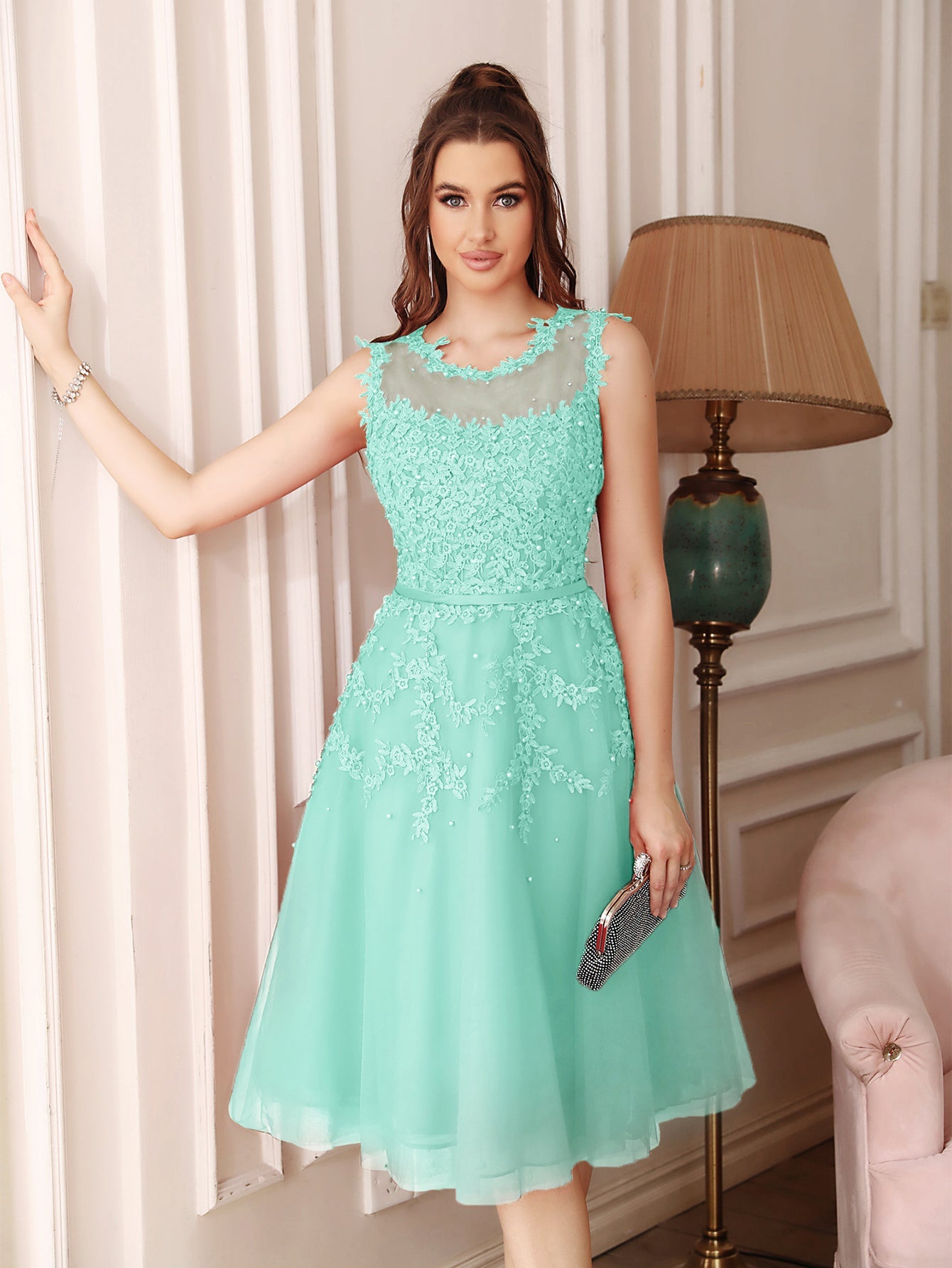 Short A Line Sleeveless Crew Neck Tulle Lace Formal Dress - YESBABYONLINE