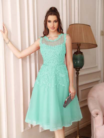 Short A Line Sleeveless Crew Neck Tulle Lace Formal Dress - YESBABYONLINE