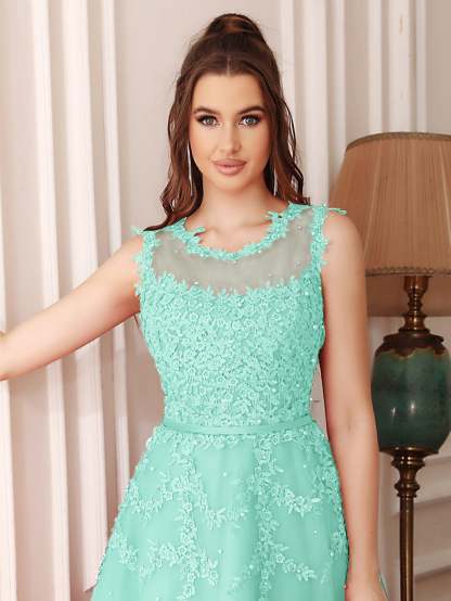 Short A Line Sleeveless Crew Neck Tulle Lace Formal Dress - YESBABYONLINE
