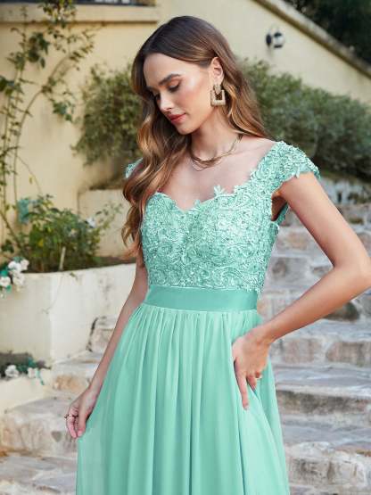 Long A line Scoop Neck Chiffon Floor Length Dress Lace Bridesmaid Dress - YESBABYONLINE