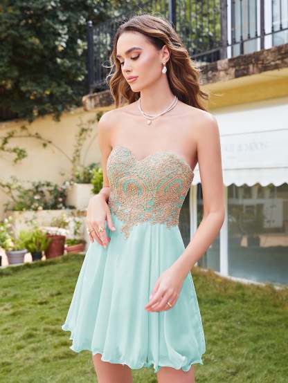 Short A-Line Strapless Chiffon Prom Dresses with Beadings - YESBABYONLINE