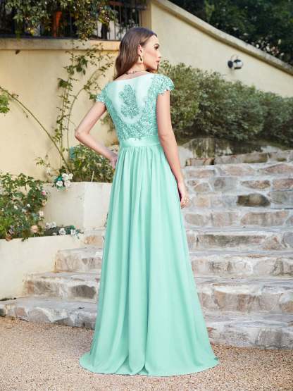 Long A line Scoop Neck Chiffon Floor Length Dress Lace Bridesmaid Dress - YESBABYONLINE
