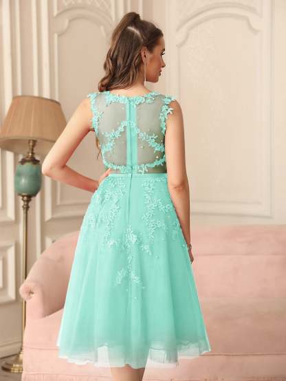 Short A Line Sleeveless Crew Neck Tulle Lace Formal Dress - YESBABYONLINE
