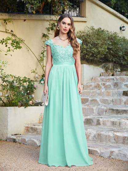 Long A line Scoop Neck Chiffon Floor Length Dress Lace Bridesmaid Dress - YESBABYONLINE