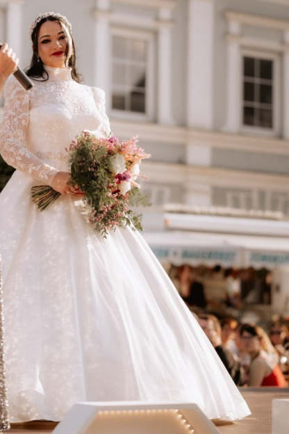 Plus Size Long A-line High Neck Lace Wedding Dresses with Sleeves