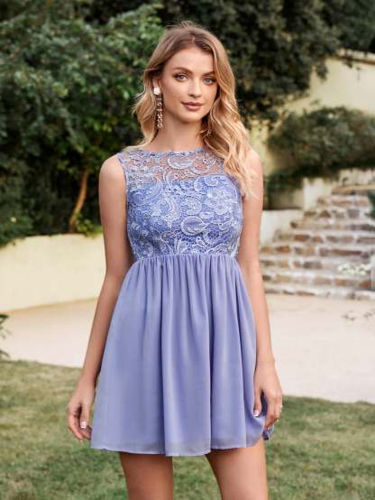 Short A line Lace Sleeveless Chiffon Homecoming Dress - YESBABYONLINE