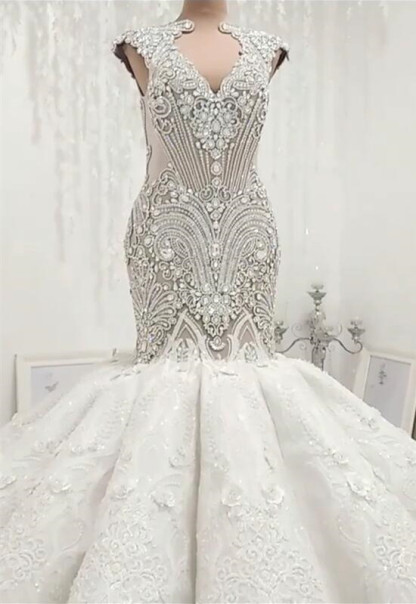 New Arrival Long Mermaid V Neck Beads Wedding Dress Lace Applique