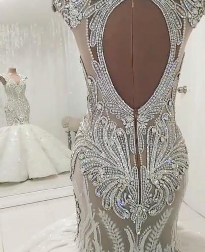 New Arrival Long Mermaid V Neck Beads Wedding Dress Lace Applique