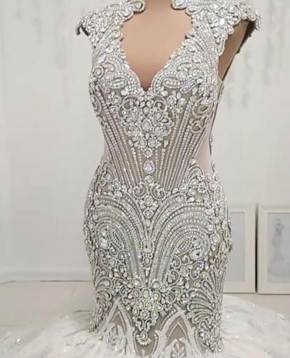 New Arrival Long Mermaid V Neck Beads Wedding Dress Lace Applique