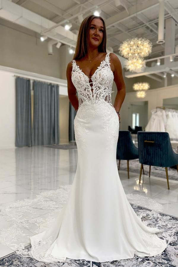 White Long Mermaid V-neck Satin Lace Backless Wedding Dresses