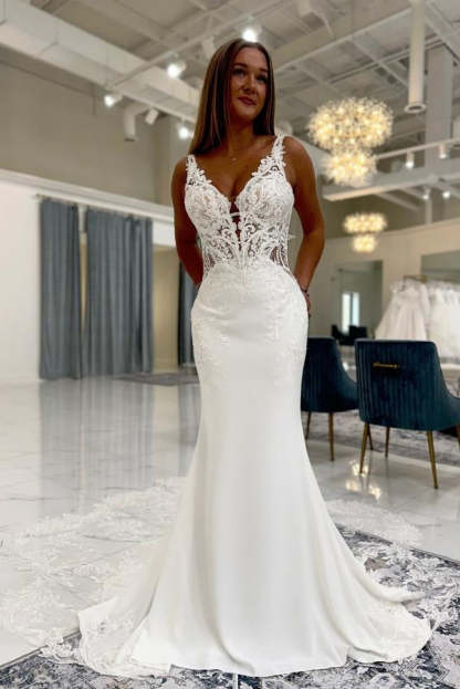 White Long Mermaid V-neck Satin Lace Backless Wedding Dresses