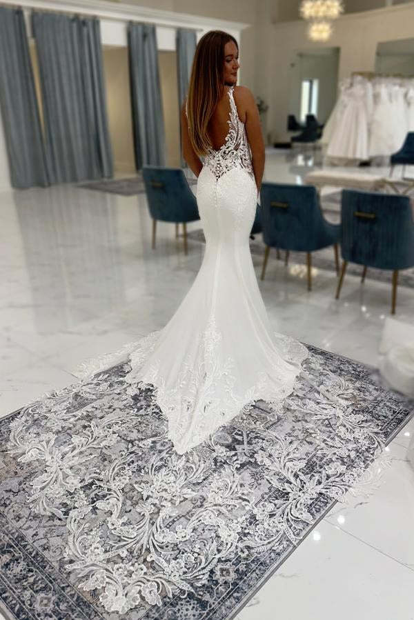 White Long Mermaid V-neck Satin Lace Backless Wedding Dresses