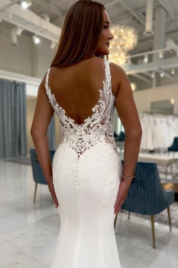 White Long Mermaid V-neck Satin Lace Backless Wedding Dresses