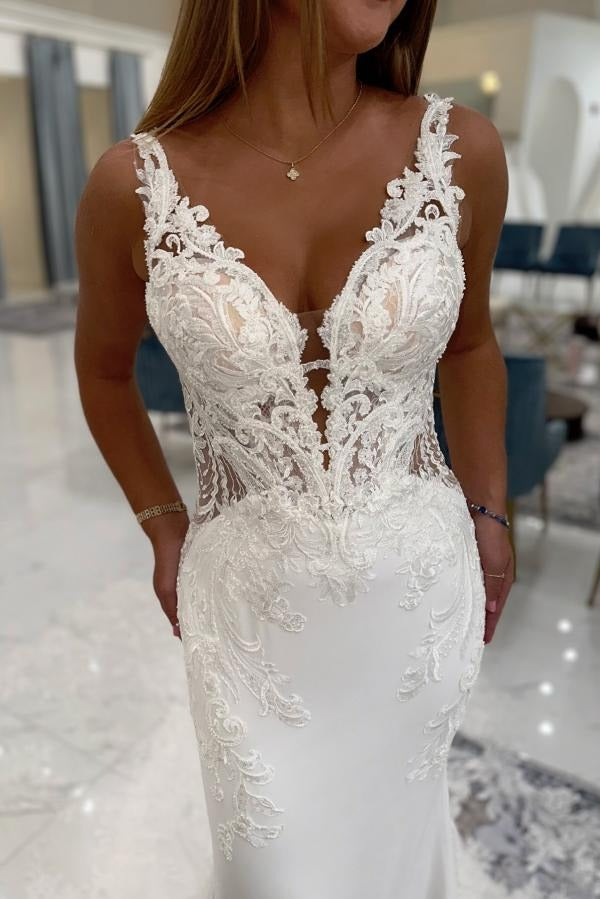 White Long Mermaid V-neck Satin Lace Backless Wedding Dresses