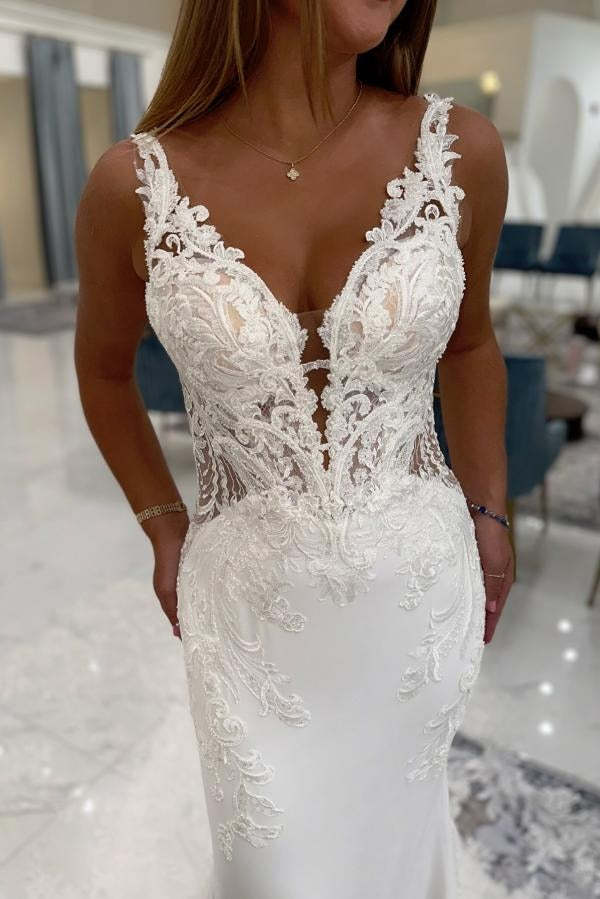 White Long Mermaid V-neck Satin Lace Backless Wedding Dresses
