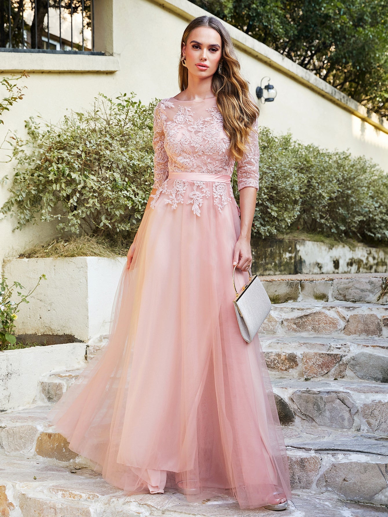 A line Round Neck Half Sleeves Tulle Lace Appliques Long Bridesmaid Dresses - YESBABYONLINE