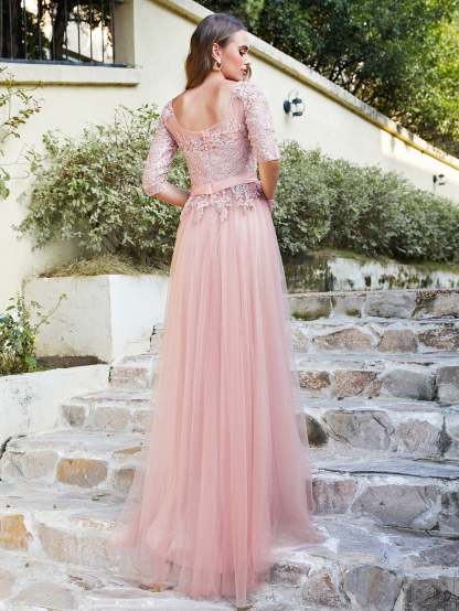 A line Round Neck Half Sleeves Tulle Lace Appliques Long Bridesmaid Dresses - YESBABYONLINE