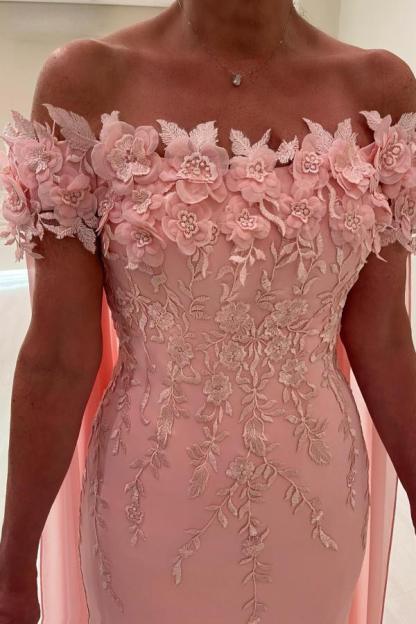 Long Off the Shoulder Satin Flowers Mermaid Evening Dresses with Cape - YESBABYONLINE