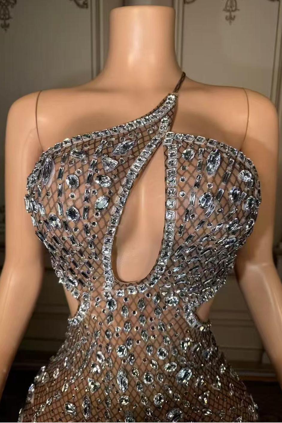 Mini One-Shoulder Sleeveless Rhinestones Tulle Prom Dress Yesbabyonline