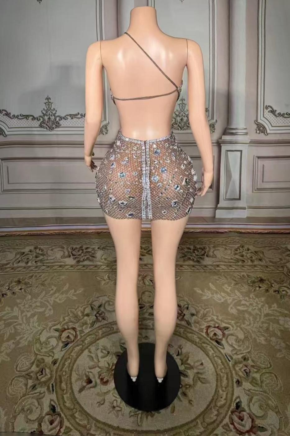 Mini One-Shoulder Sleeveless Rhinestones Tulle Prom Dress Yesbabyonline