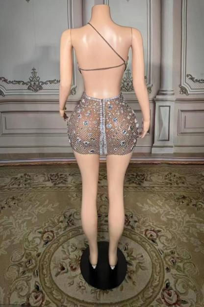 Mini One-Shoulder Sleeveless Rhinestones Tulle Prom Dress Yesbabyonline 