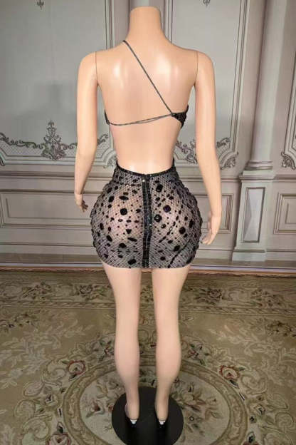 Mini One-Shoulder Sleeveless Rhinestones Tulle Prom Dress Yesbabyonline 