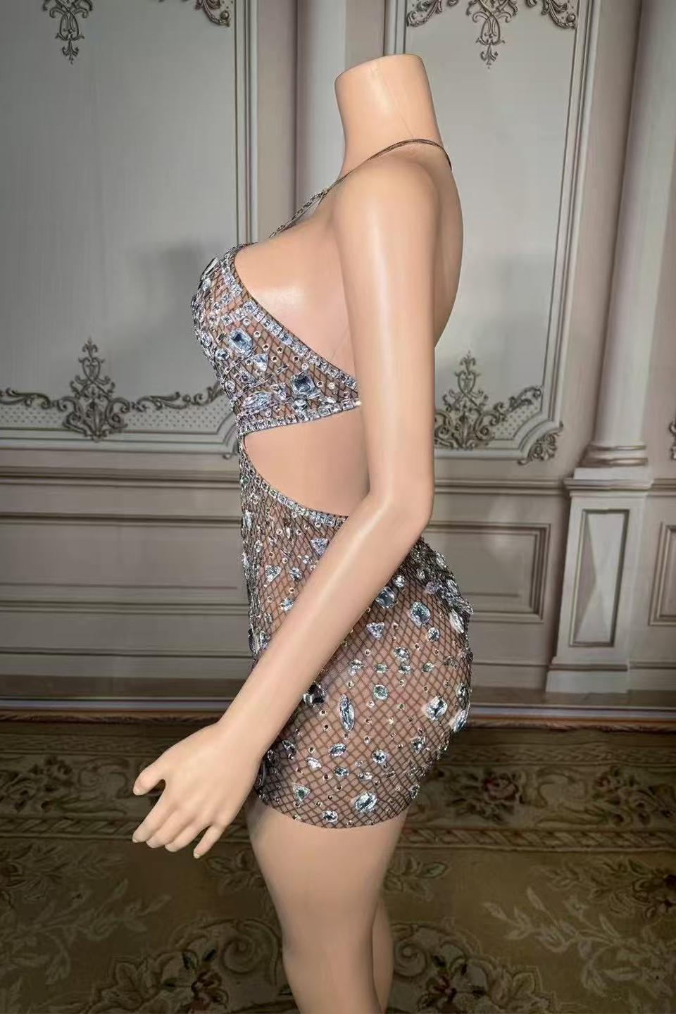 Mini One-Shoulder Sleeveless Rhinestones Tulle Prom Dress Yesbabyonline