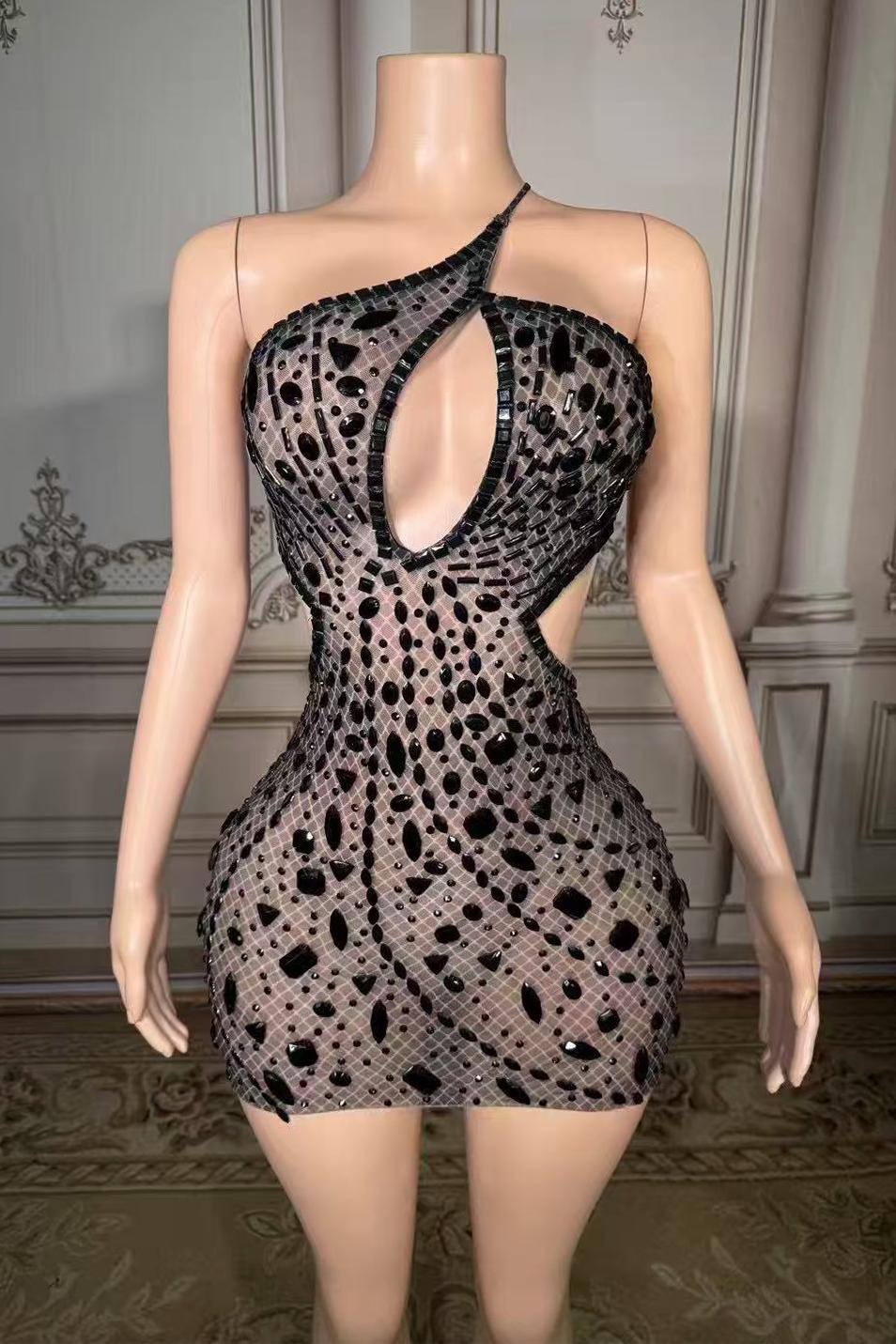 Mini One-Shoulder Sleeveless Rhinestones Tulle Prom Dress Yesbabyonline 