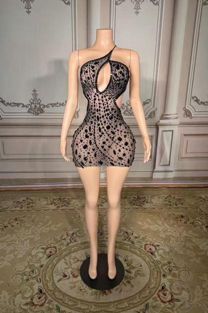 Mini One-Shoulder Sleeveless Rhinestones Tulle Prom Dress Yesbabyonline 