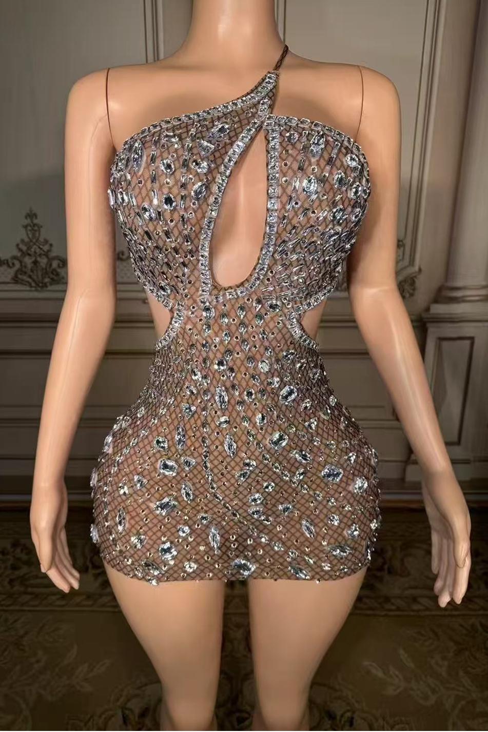 Mini One-Shoulder Sleeveless Rhinestones Tulle Prom Dress Yesbabyonline 