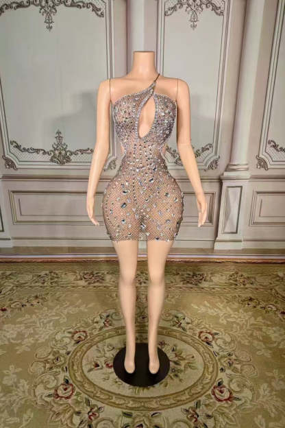 Mini One-Shoulder Sleeveless Rhinestones Tulle Prom Dress Yesbabyonline 