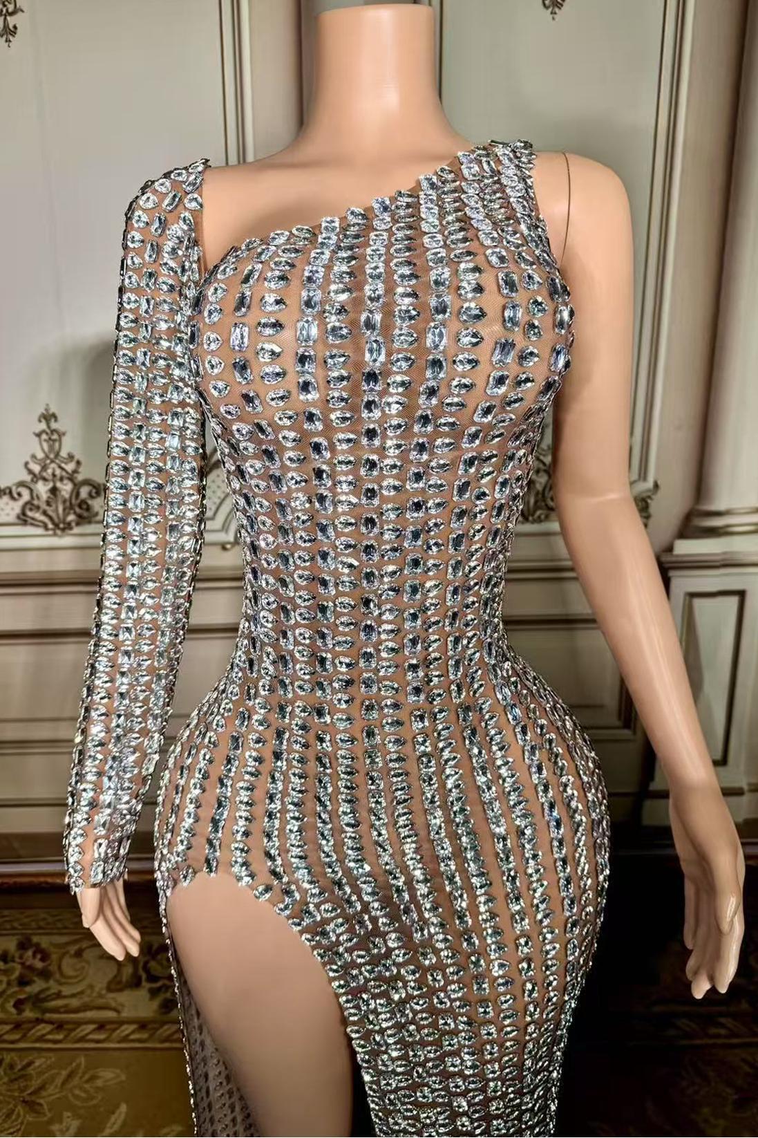 Long Sleeve Side Slit Rhinestones Tulle Straight Prom Dress Yesbabyonline