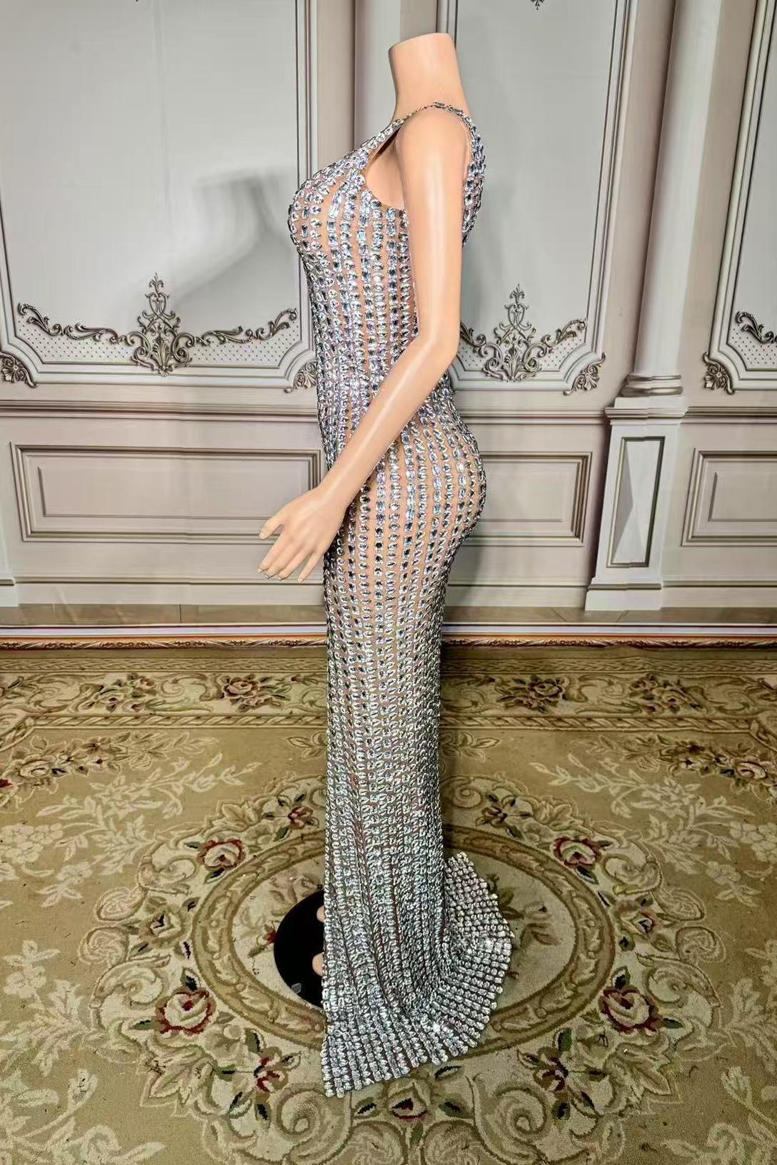 Long Sleeve Side Slit Rhinestones Tulle Straight Prom Dress Yesbabyonline 