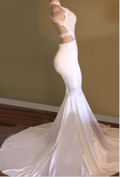 Simple Open Back High Neck white Satin Mermaid Long Prom Dress 