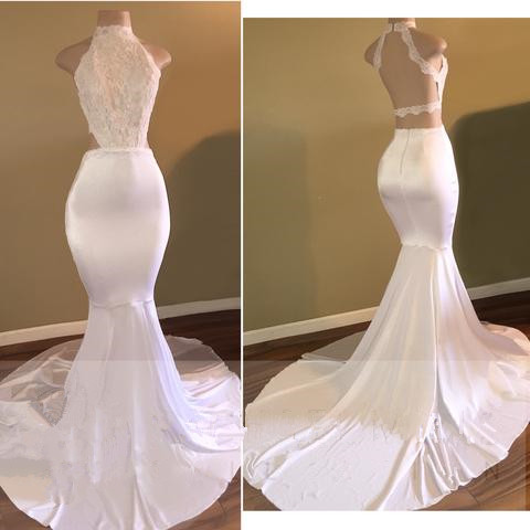 Simple Open Back High Neck white Satin Mermaid Long Prom Dress 