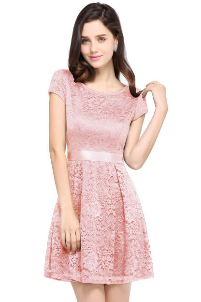 Short Cap Sleeves Formal Dress Round Neck Lace A line Bridesmaid Dress - YESBABYONLINE